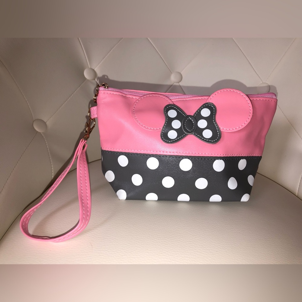 Minnie Mouse Makeup Bag Wristlet Purse Pink Gray NEW